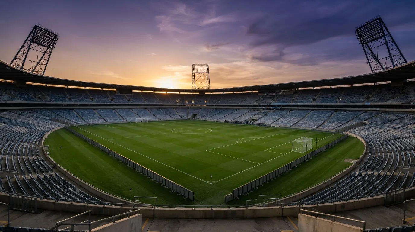 Un estadio de fútbol vacío con torres de iluminación al atardecer