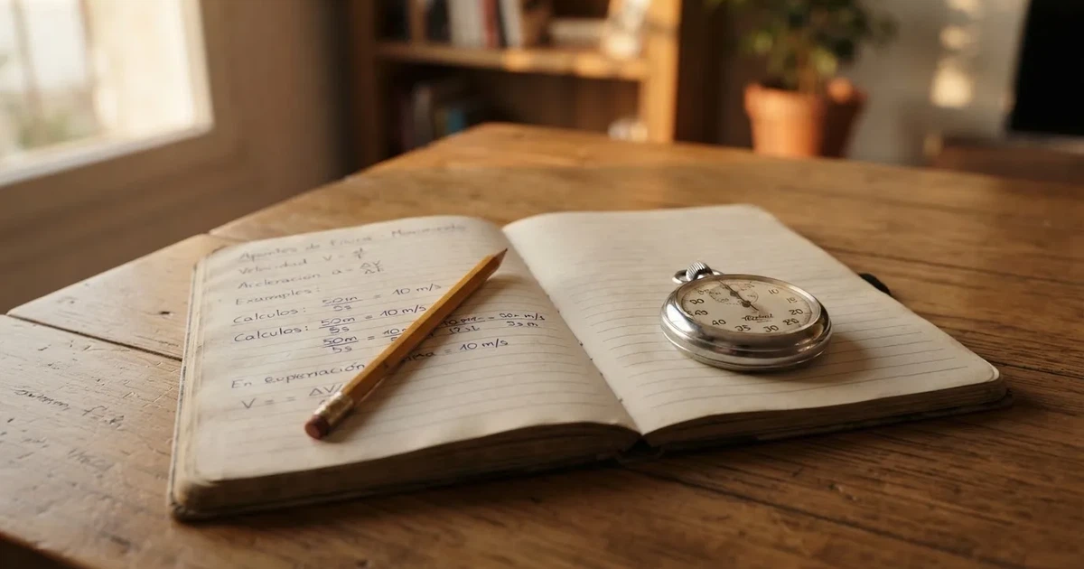Un cuaderno abierto con un lápiz y un cronómetro sobre una mesa de madera