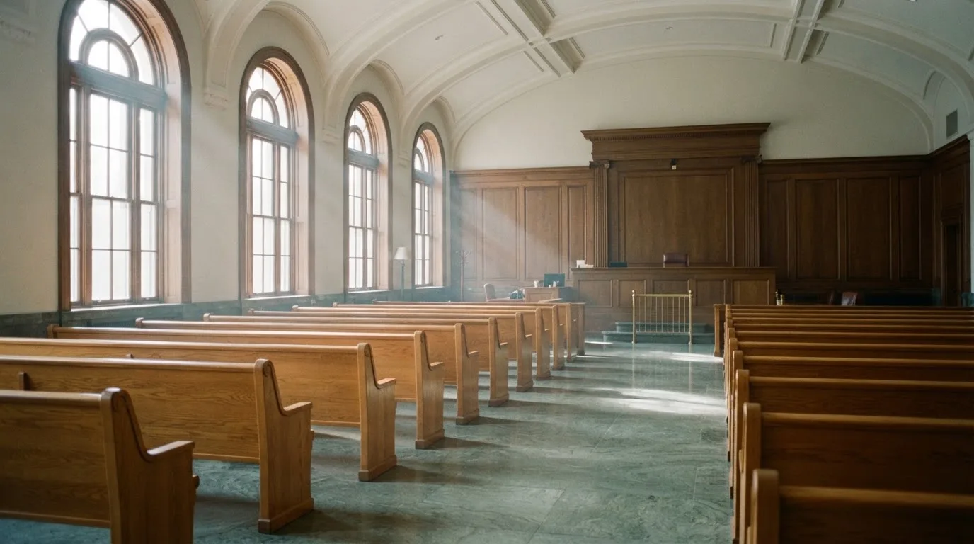 Una sala de tribunal vacía con bancos de madera a la luz de la mañana