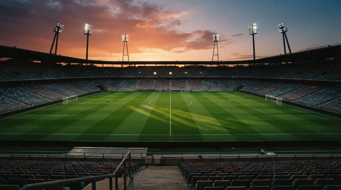 Un estadio de fútbol vacío con torres de iluminación al atardecer