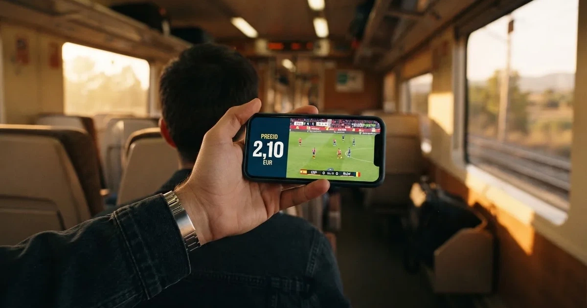 Una mano sostiene un móvil en el tren por la tarde, con la pantalla girada