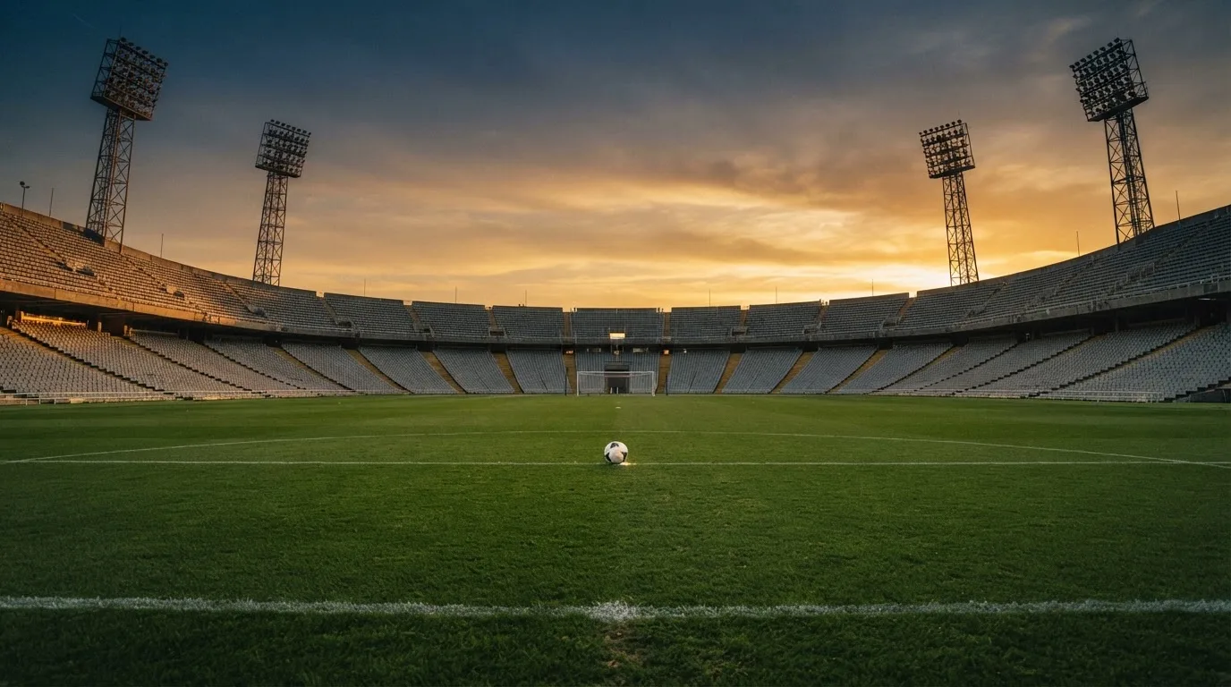 Un estadio de fútbol vacío con torres de iluminación al atardecer