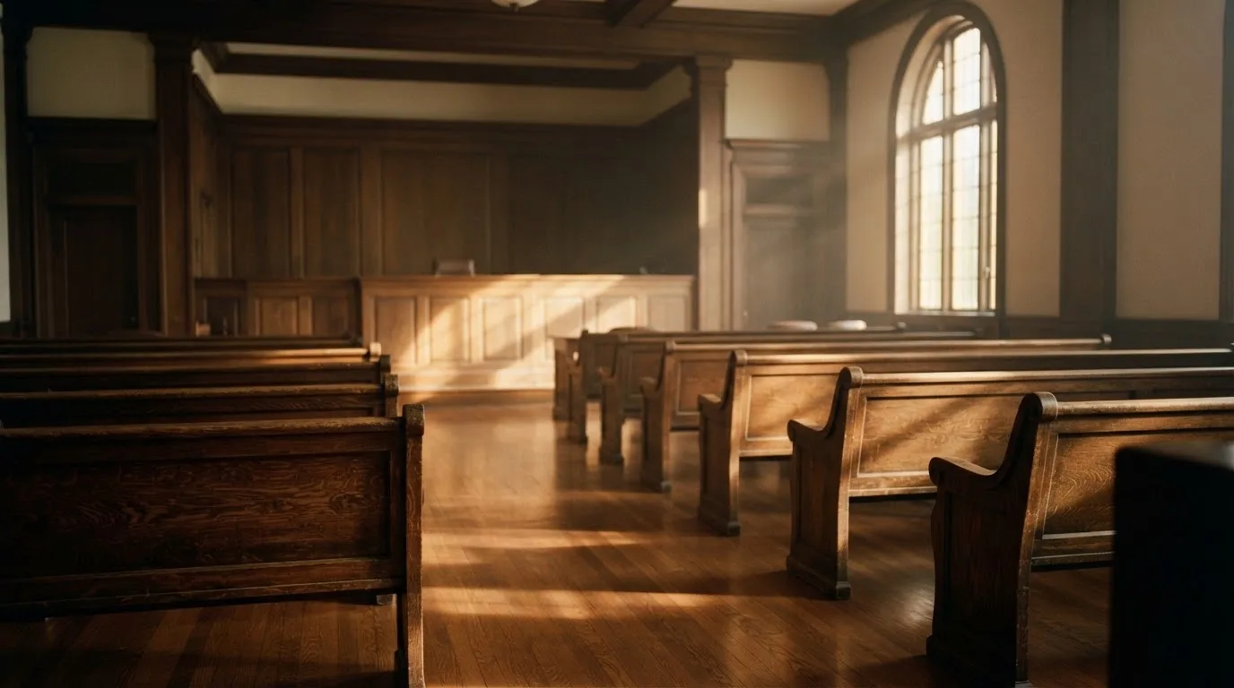 Una sala de tribunal vacía con bancos de madera a la luz de la mañana