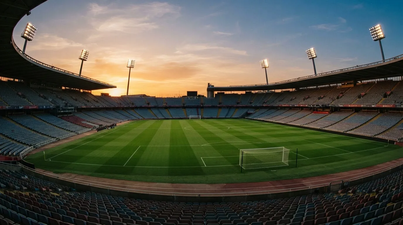 Un estadio de fútbol vacío con torres de iluminación al atardecer