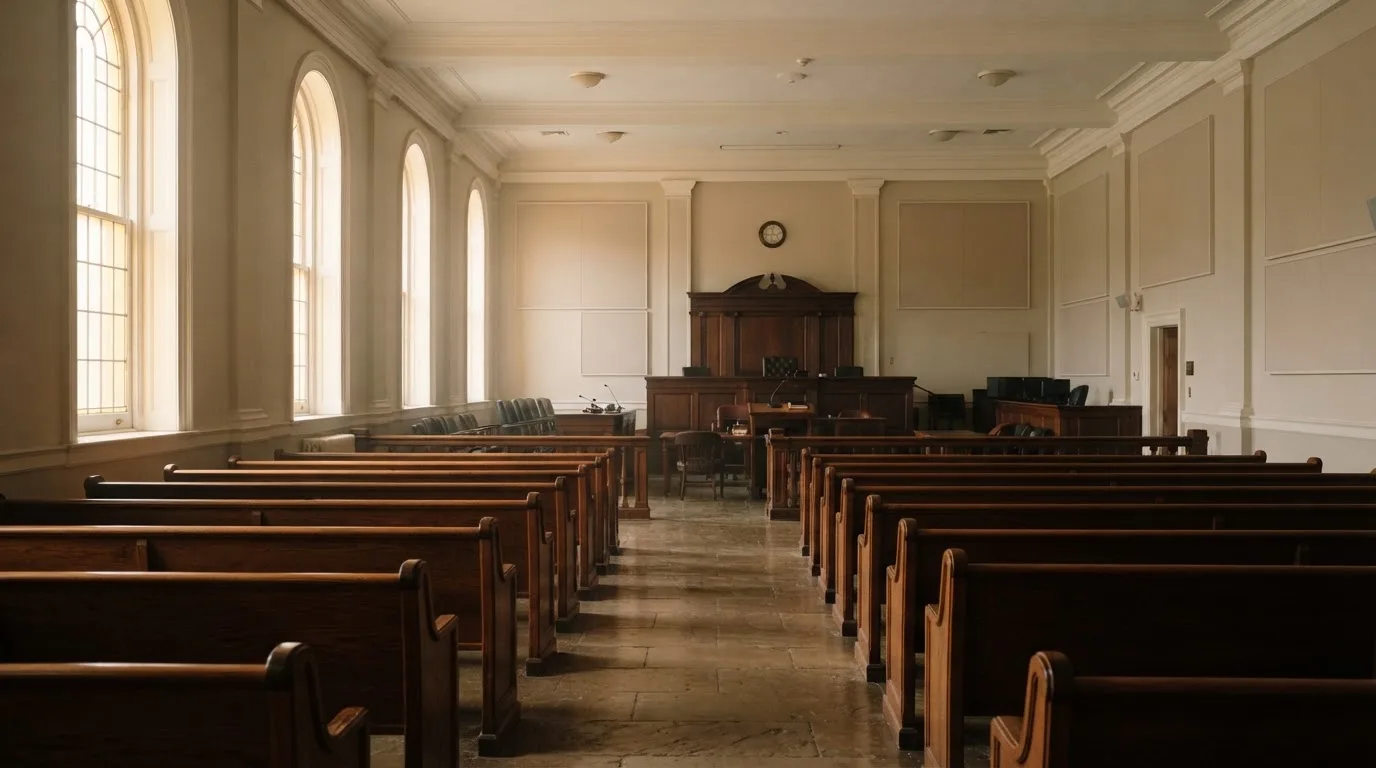 Una sala de tribunal vacía con bancos de madera a la luz de la mañana