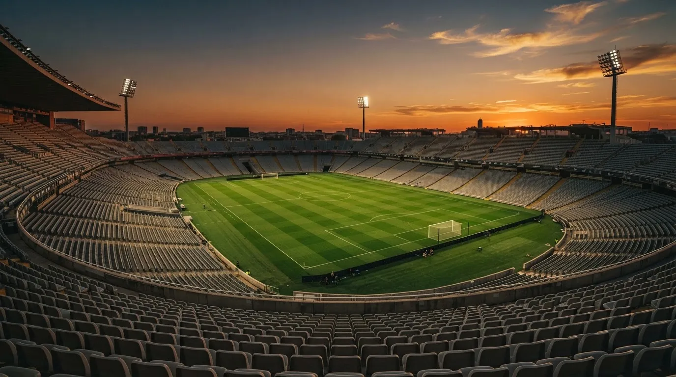 Un estadio de fútbol vacío con torres de iluminación al atardecer
