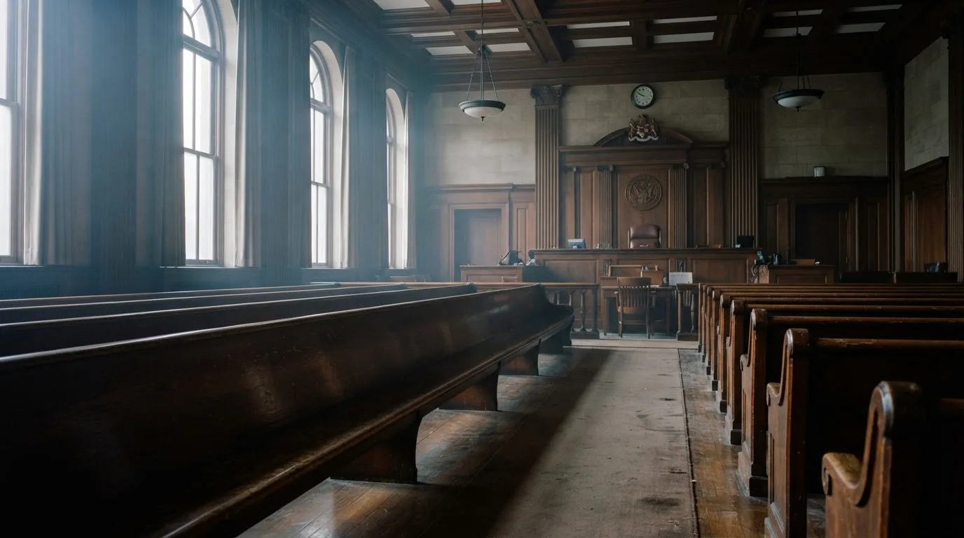 Una sala de tribunal vacía con bancos de madera a la luz de la mañana