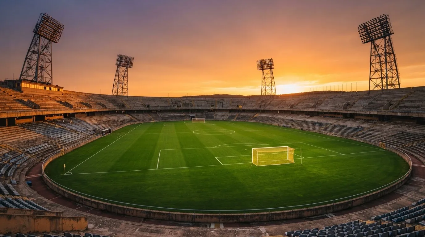 Un estadio de fútbol vacío con torres de iluminación al atardecer