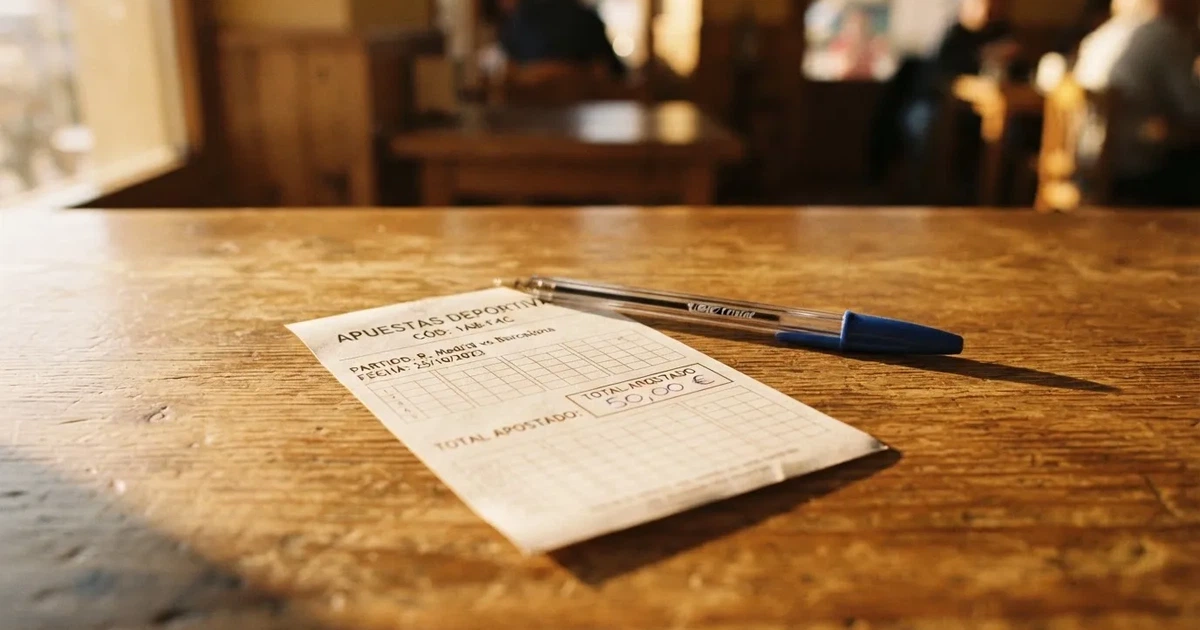 Un boleto de papel en blanco junto a un bolígrafo sobre un mostrador de madera