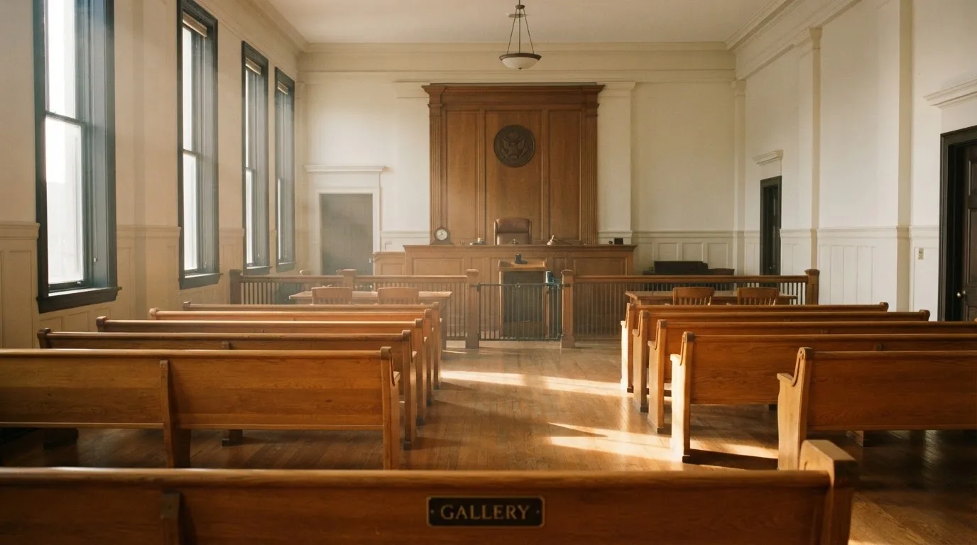 Una sala de tribunal vacía con bancos de madera a la luz de la mañana