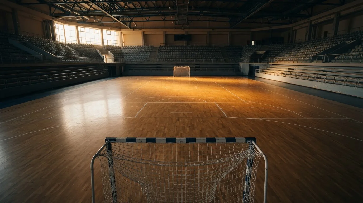 Un estadio de fútbol vacío con torres de iluminación al atardecer
