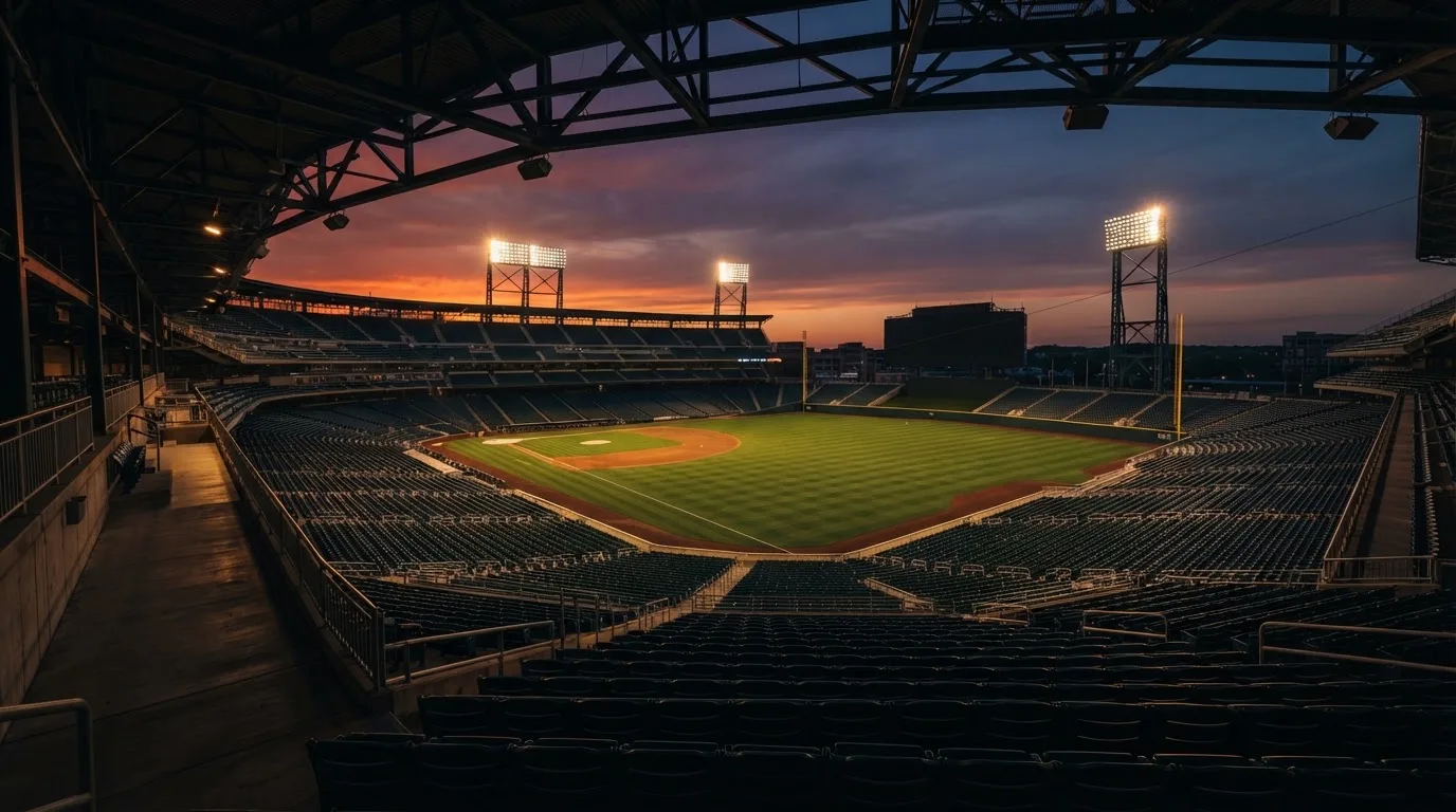 Un estadio de fútbol vacío con torres de iluminación al atardecer