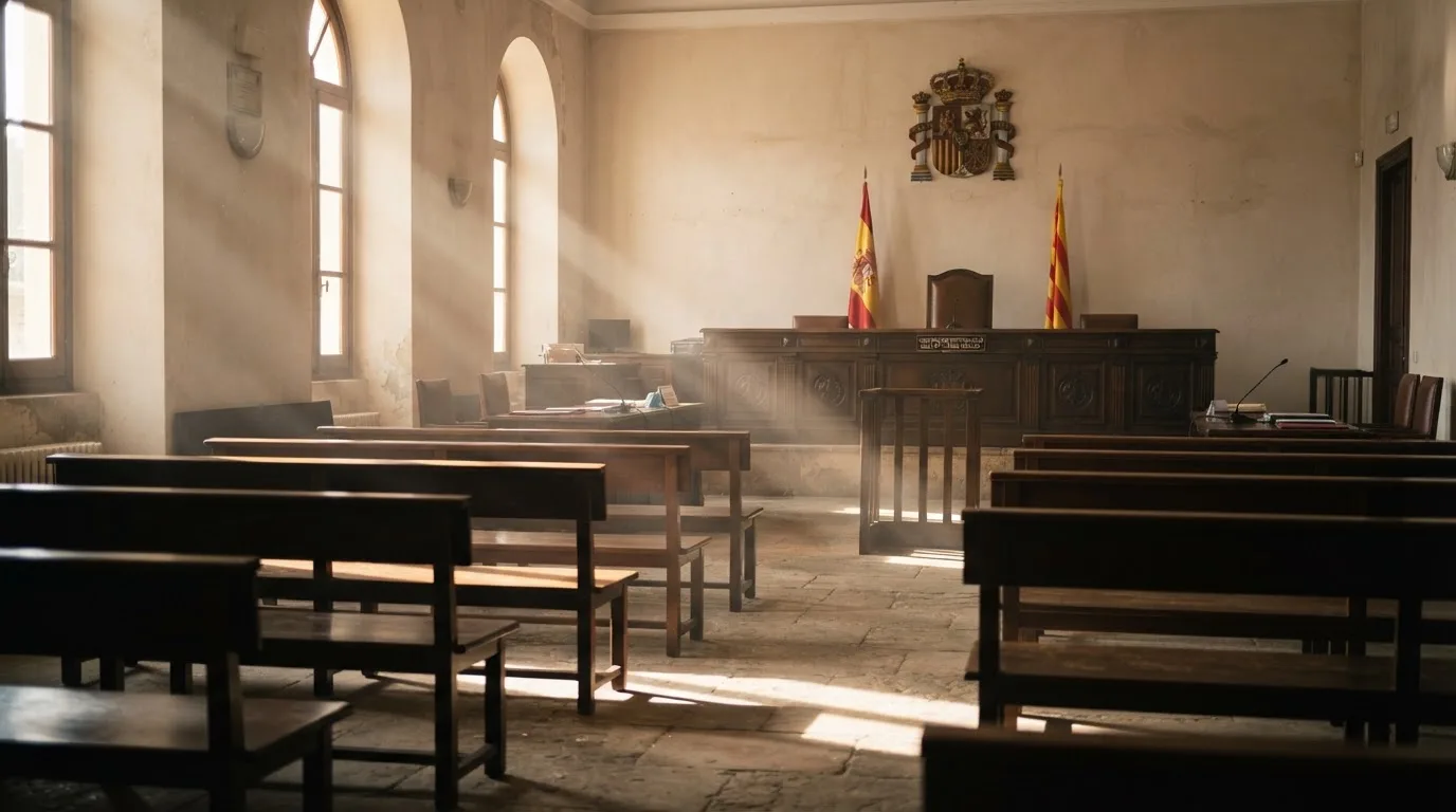 Una sala de tribunal vacía con bancos de madera a la luz de la mañana