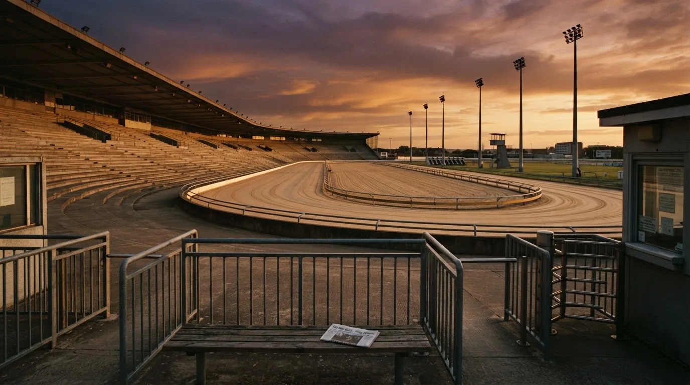 Un estadio de fútbol vacío con torres de iluminación al atardecer