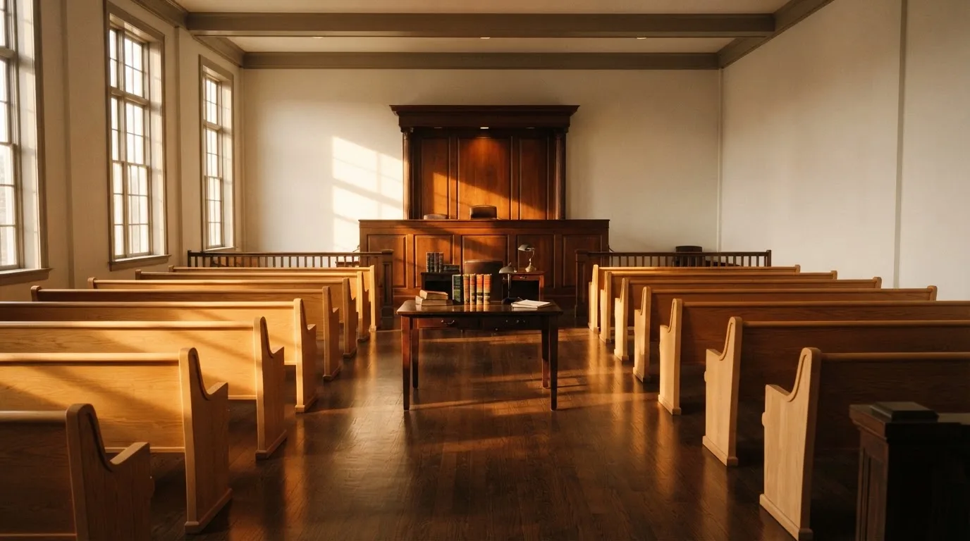 Una sala de tribunal vacía con bancos de madera a la luz de la mañana