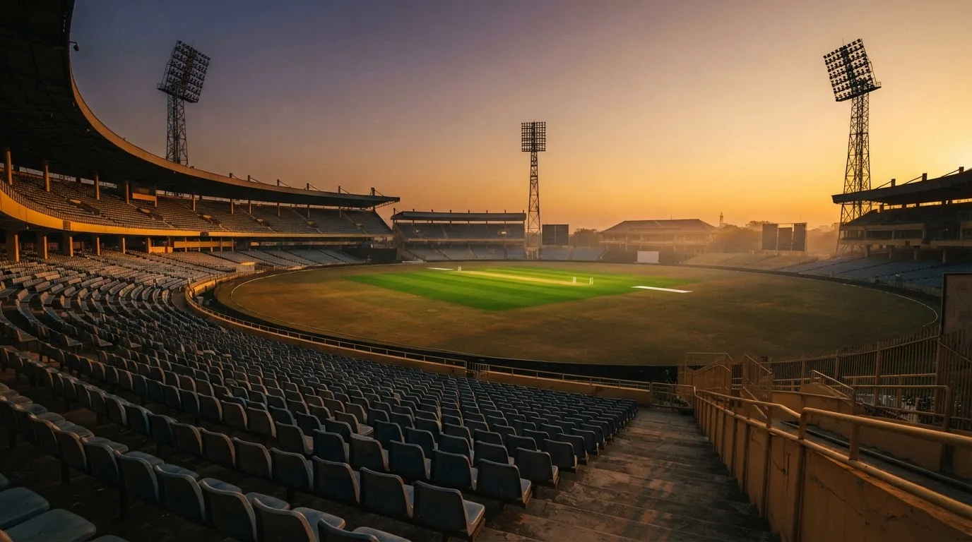Un estadio de fútbol vacío con torres de iluminación al atardecer
