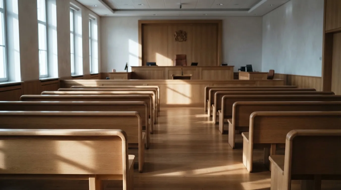 Una sala de tribunal vacía con bancos de madera a la luz de la mañana