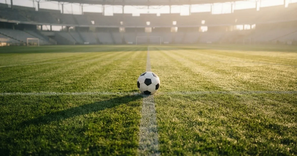 Un balón en el punto central de un campo de césped a la luz de la mañana