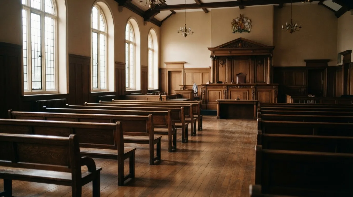 Una sala de tribunal vacía con bancos de madera a la luz de la mañana