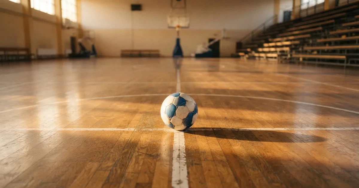 Un balón en el punto central de un campo de césped a la luz de la mañana