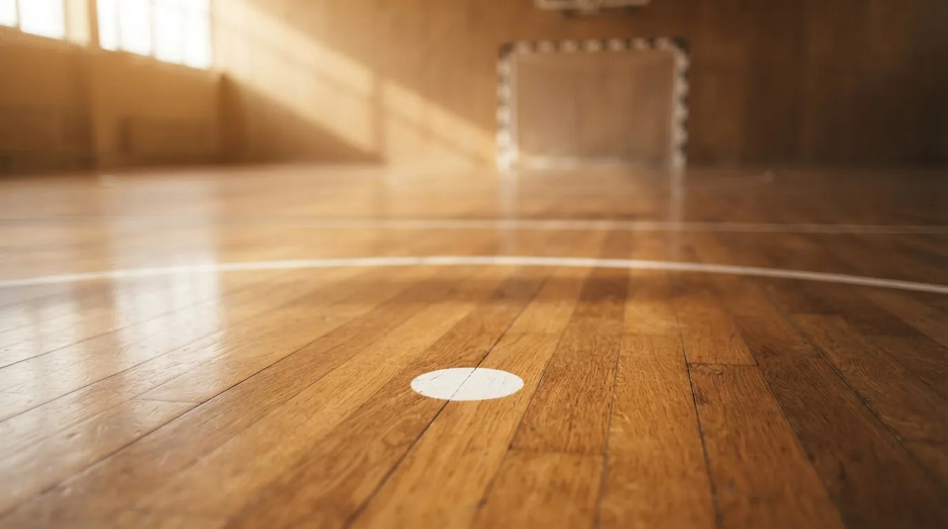 Una sala de tribunal vacía con bancos de madera a la luz de la mañana