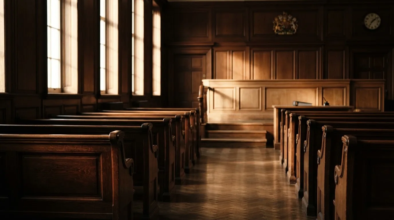 Una sala de tribunal vacía con bancos de madera a la luz de la mañana