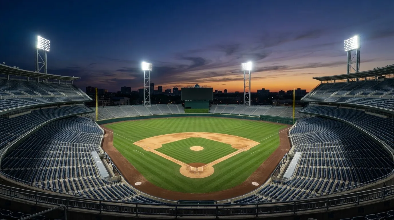 Un estadio de fútbol vacío con torres de iluminación al atardecer
