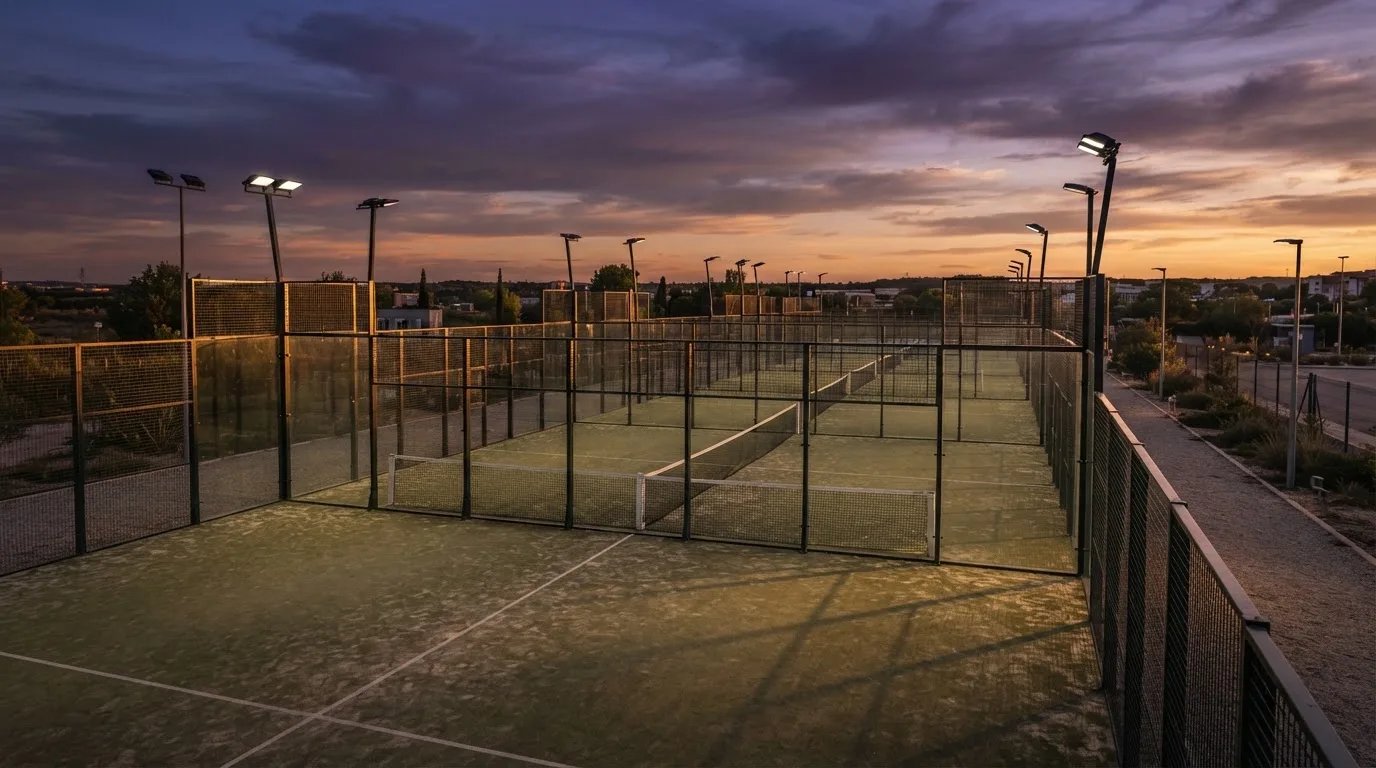 Un estadio de fútbol vacío con torres de iluminación al atardecer