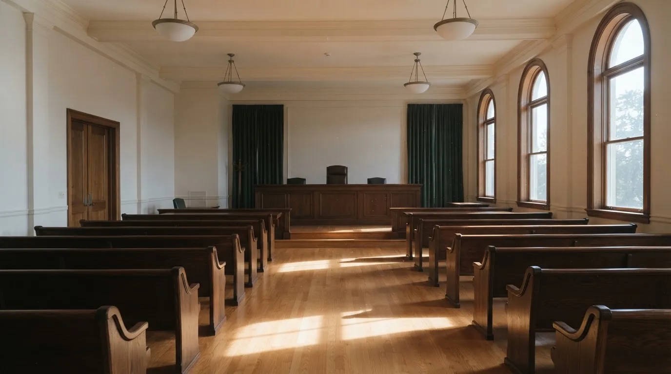 Una sala de tribunal vacía con bancos de madera a la luz de la mañana