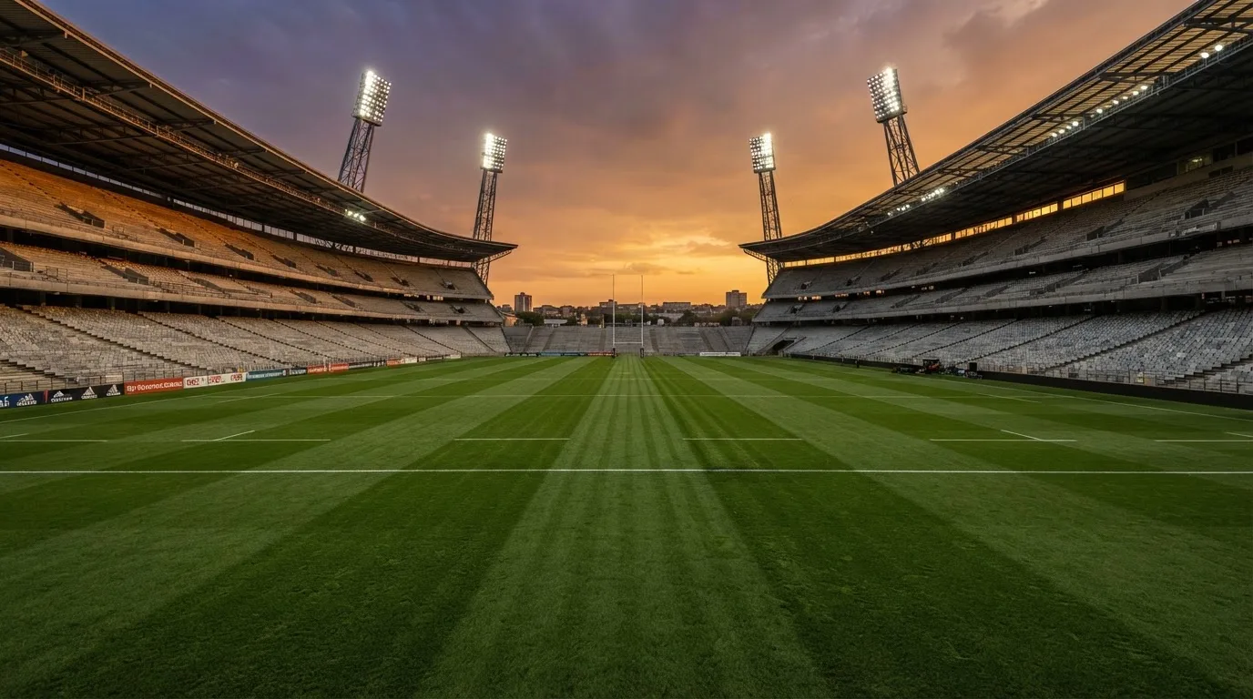 Un estadio de fútbol vacío con torres de iluminación al atardecer