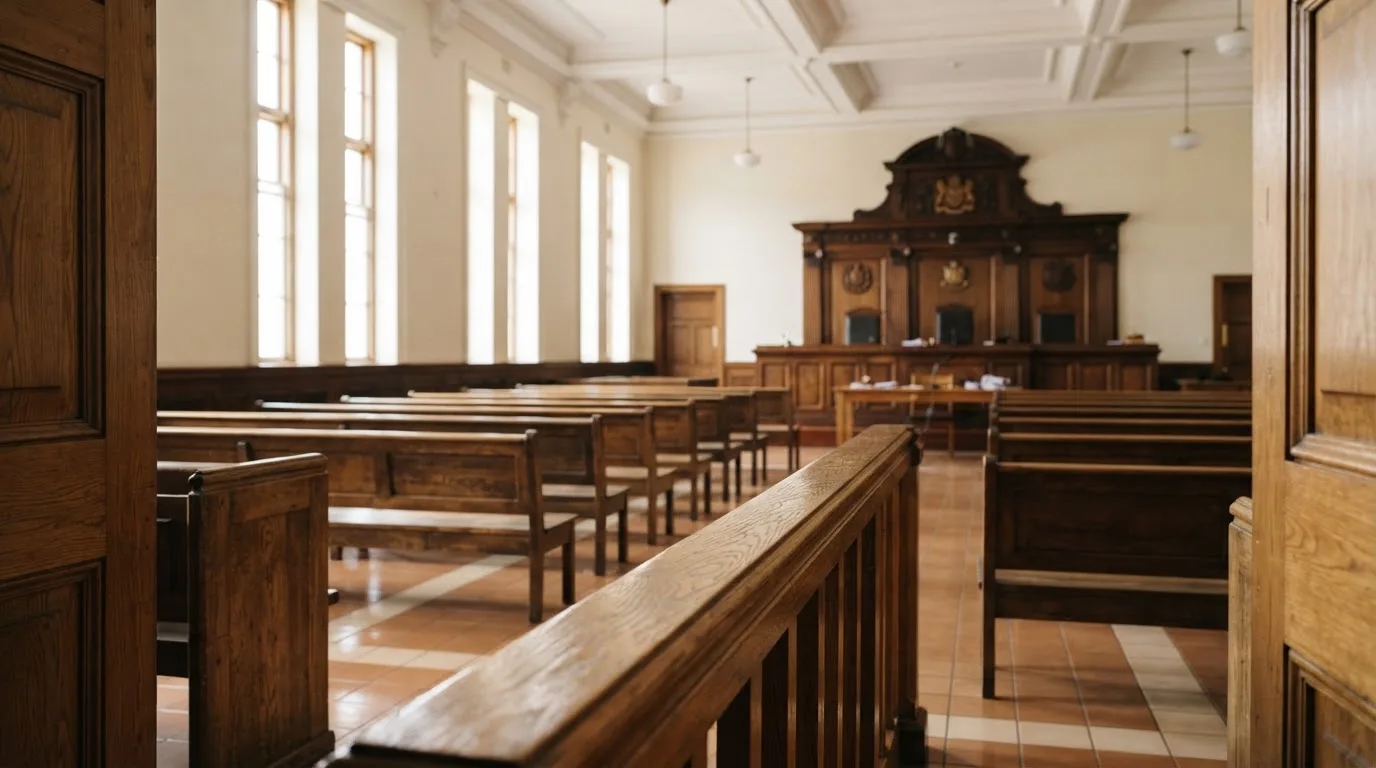 Una sala de tribunal vacía con bancos de madera a la luz de la mañana