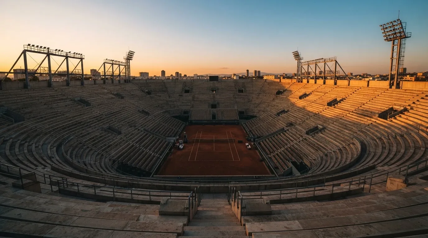 Un estadio de fútbol vacío con torres de iluminación al atardecer