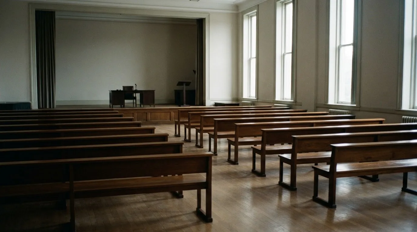Una sala de tribunal vacía con bancos de madera a la luz de la mañana