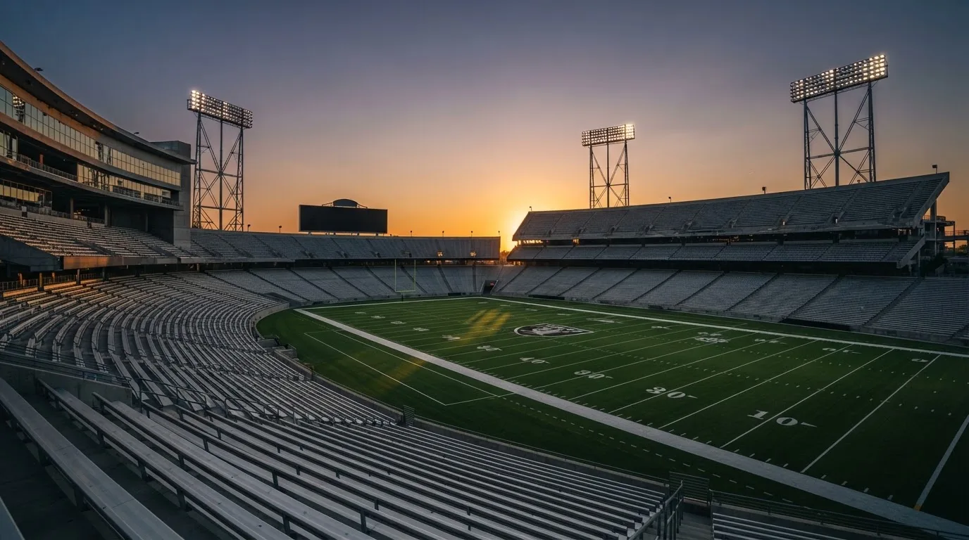 Un estadio de fútbol vacío con torres de iluminación al atardecer