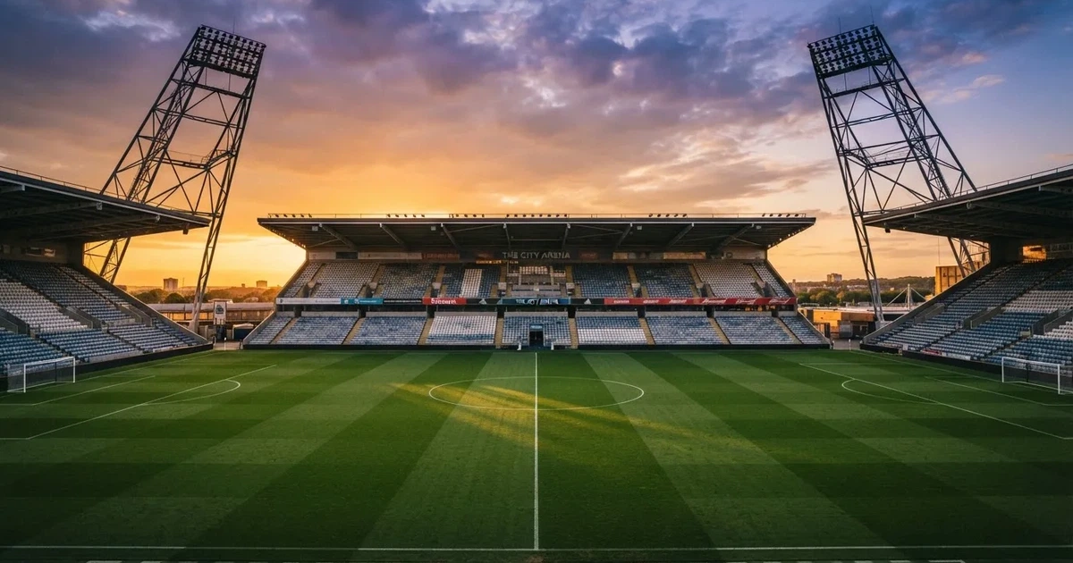 Un estadio de fútbol vacío con torres de iluminación al atardecer