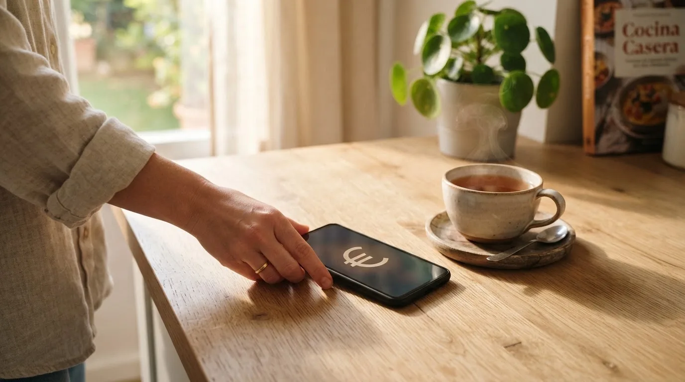 Una mano deja un móvil junto a una taza de té sobre la mesa de la cocina, una tarde tranquila