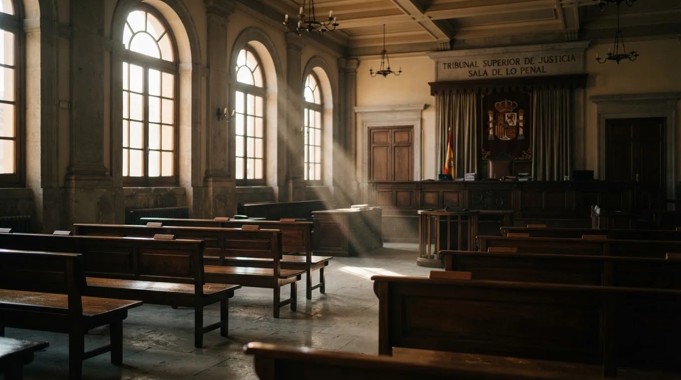 Una sala de tribunal vacía con bancos de madera a la luz de la mañana