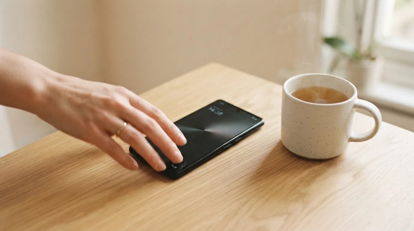 Una mano deja un móvil junto a una taza de té sobre la mesa de la cocina, una tarde tranquila