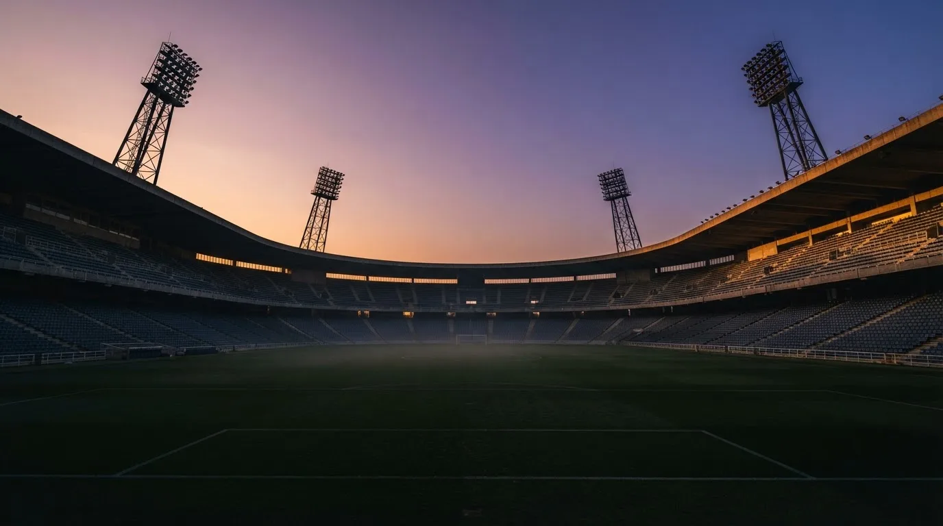 Un estadio de fútbol vacío con torres de iluminación al atardecer