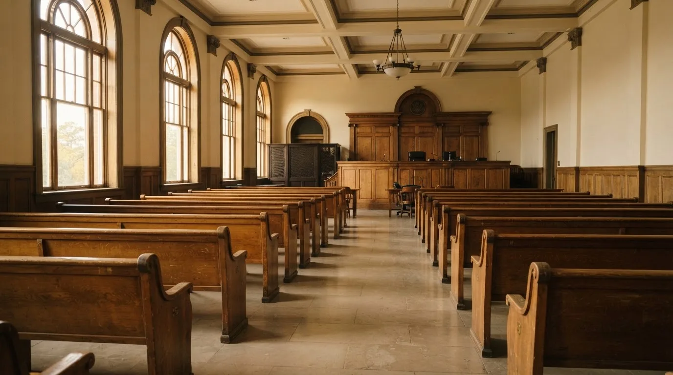 Una sala de tribunal vacía con bancos de madera a la luz de la mañana