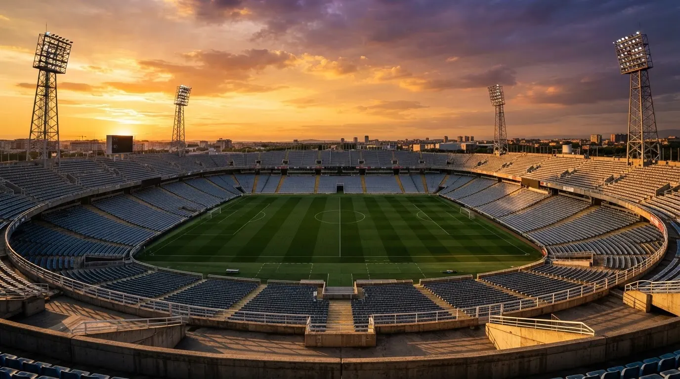 Un estadio de fútbol vacío con torres de iluminación al atardecer