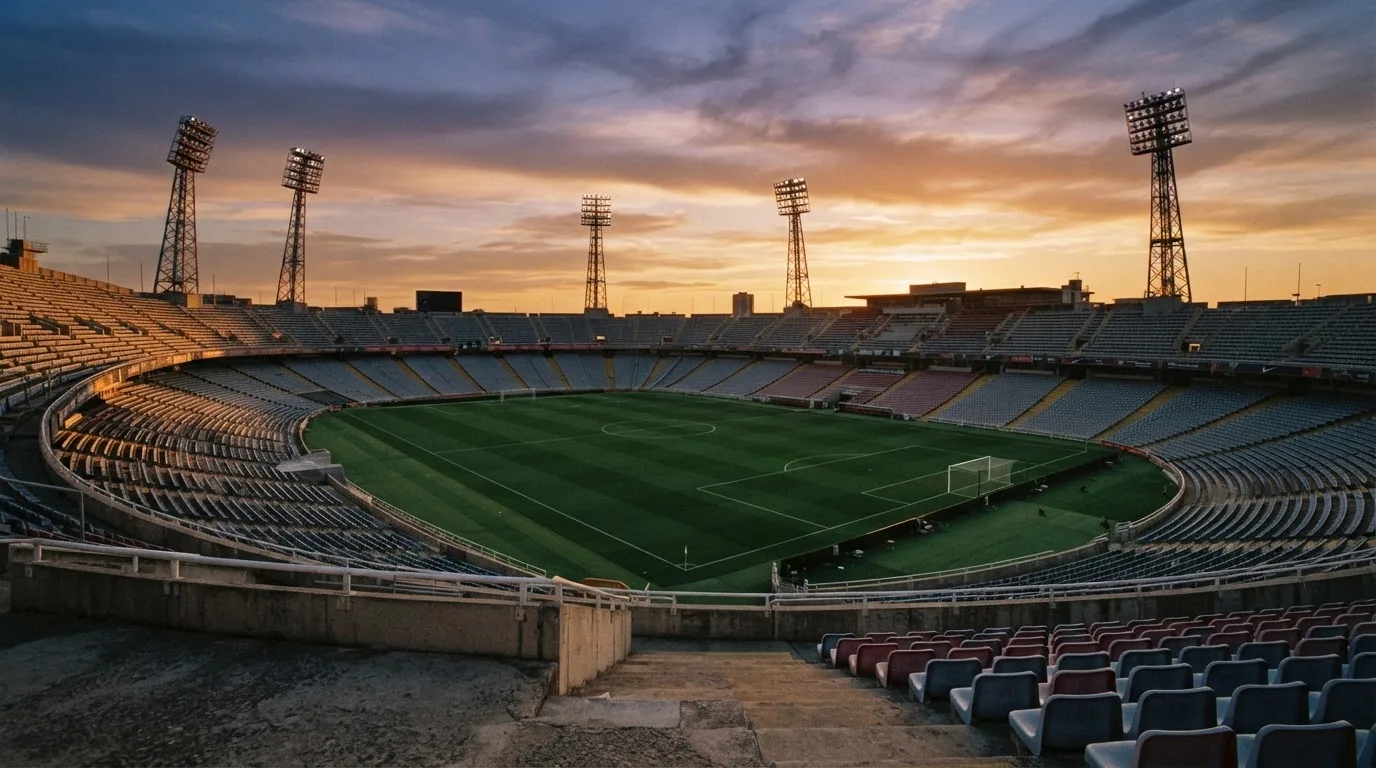 Un estadio de fútbol vacío con torres de iluminación al atardecer