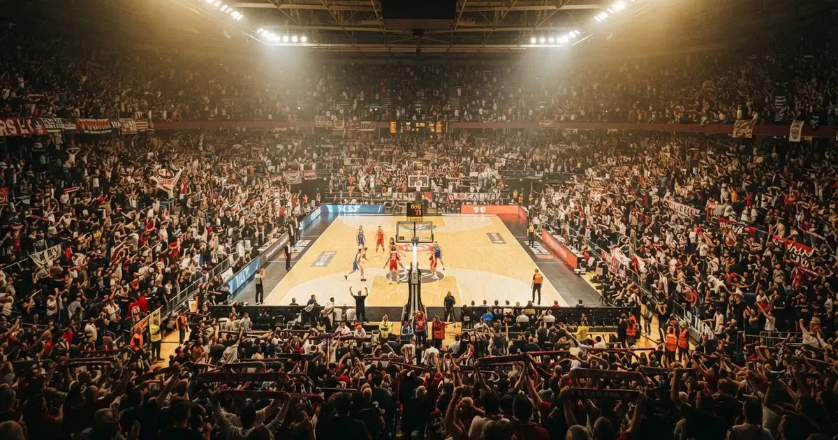 Un pabellón deportivo lleno bajo los focos, fotografiado desde muy lejos