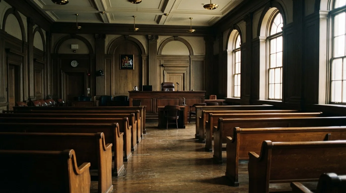 Una sala de tribunal vacía con bancos de madera a la luz de la mañana