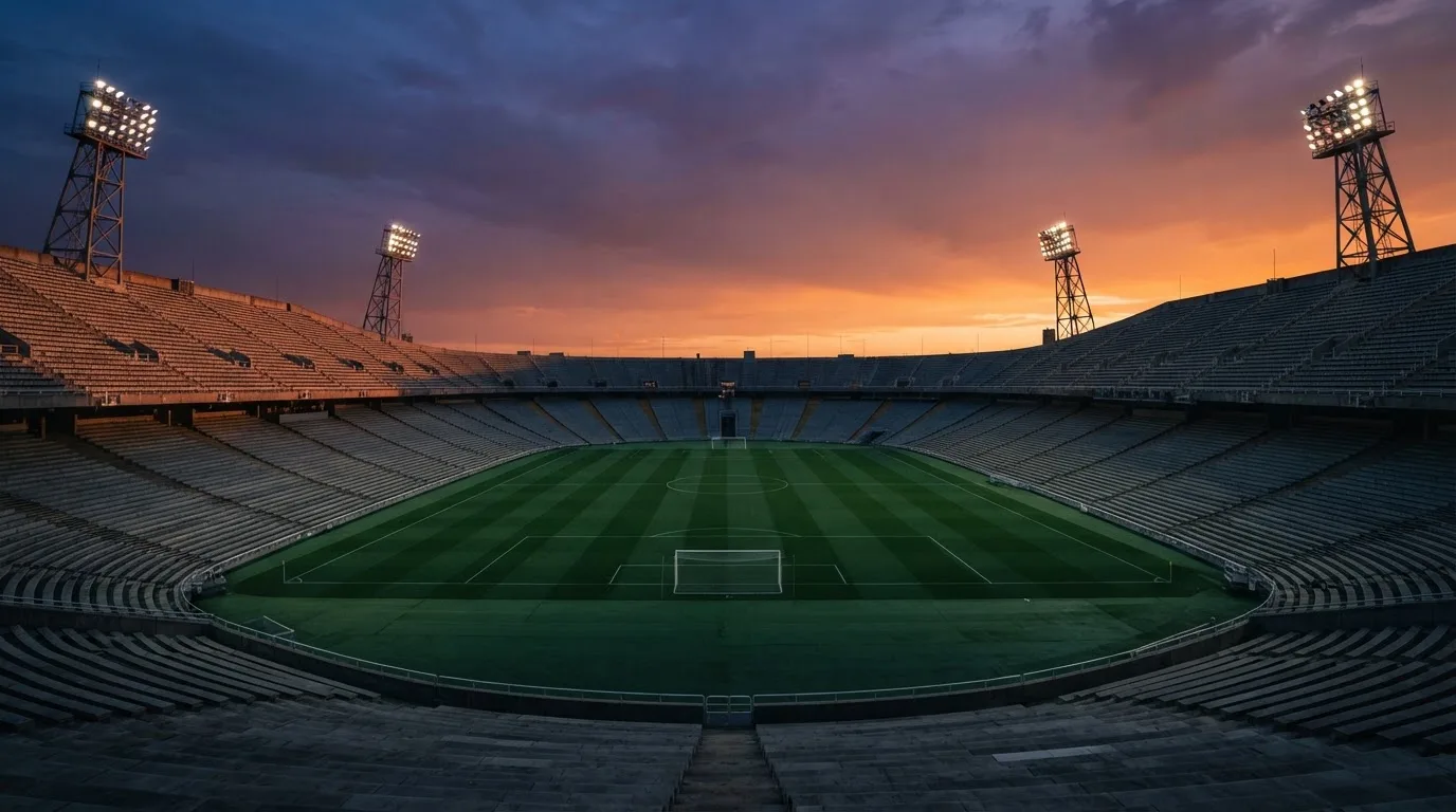 Un estadio de fútbol vacío con torres de iluminación al atardecer