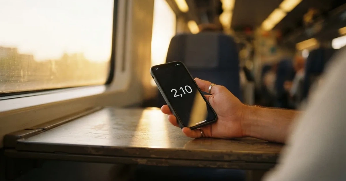 Una mano sostiene un móvil en el tren por la tarde, con la pantalla girada