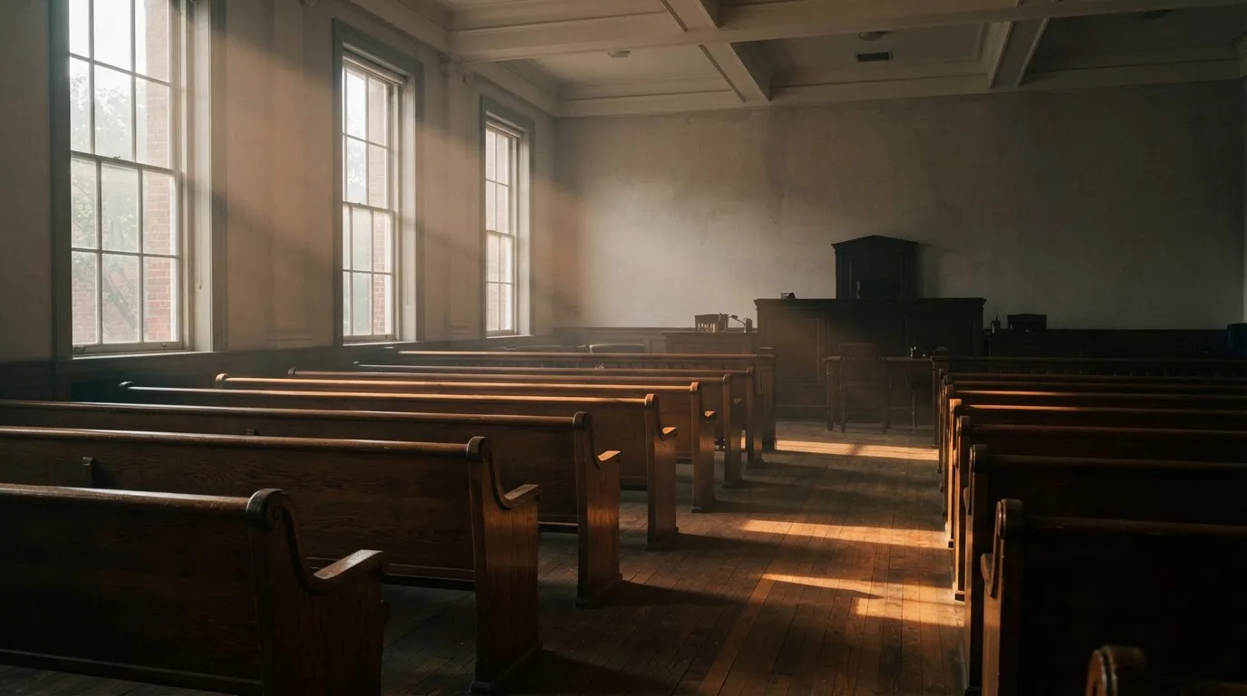 Una sala de tribunal vacía con bancos de madera a la luz de la mañana