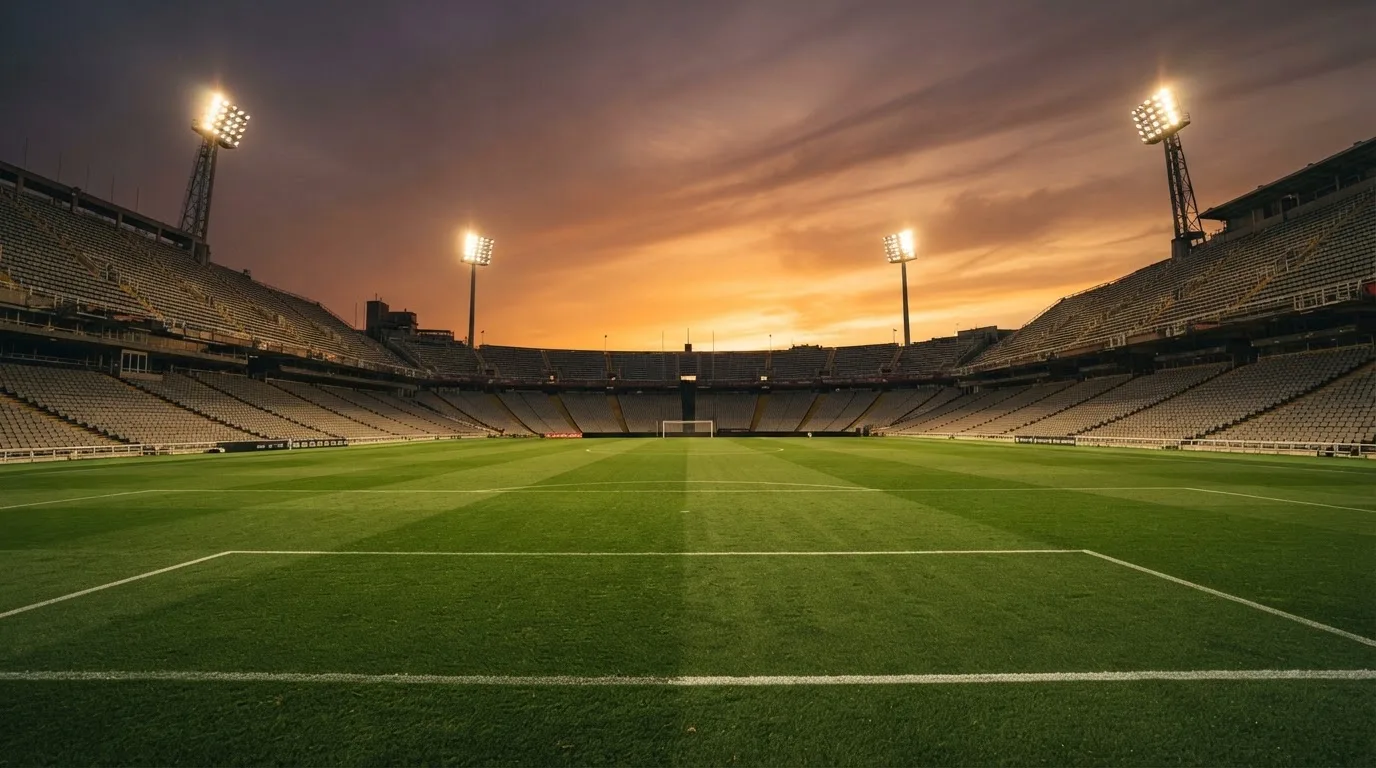 Un estadio de fútbol vacío con torres de iluminación al atardecer