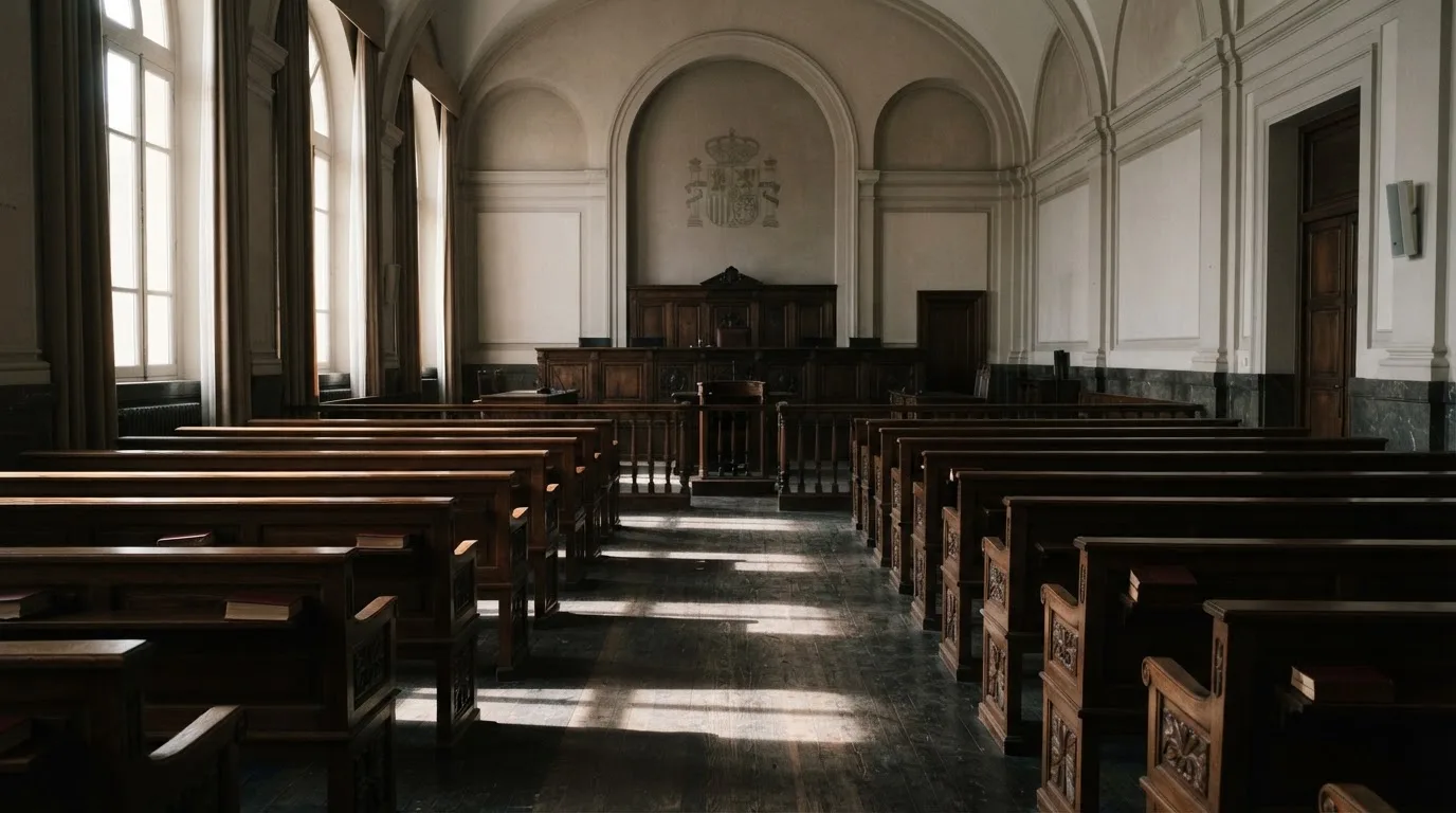 Una sala de tribunal vacía con bancos de madera a la luz de la mañana