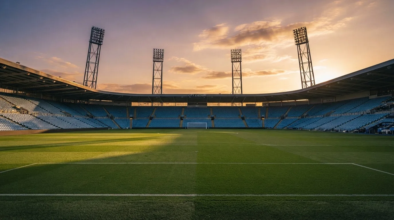 Un estadio de fútbol vacío con torres de iluminación al atardecer